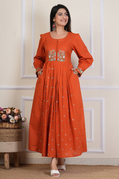 Tavajju | Rust Orange Embroidere Anarkali Kurta for Women