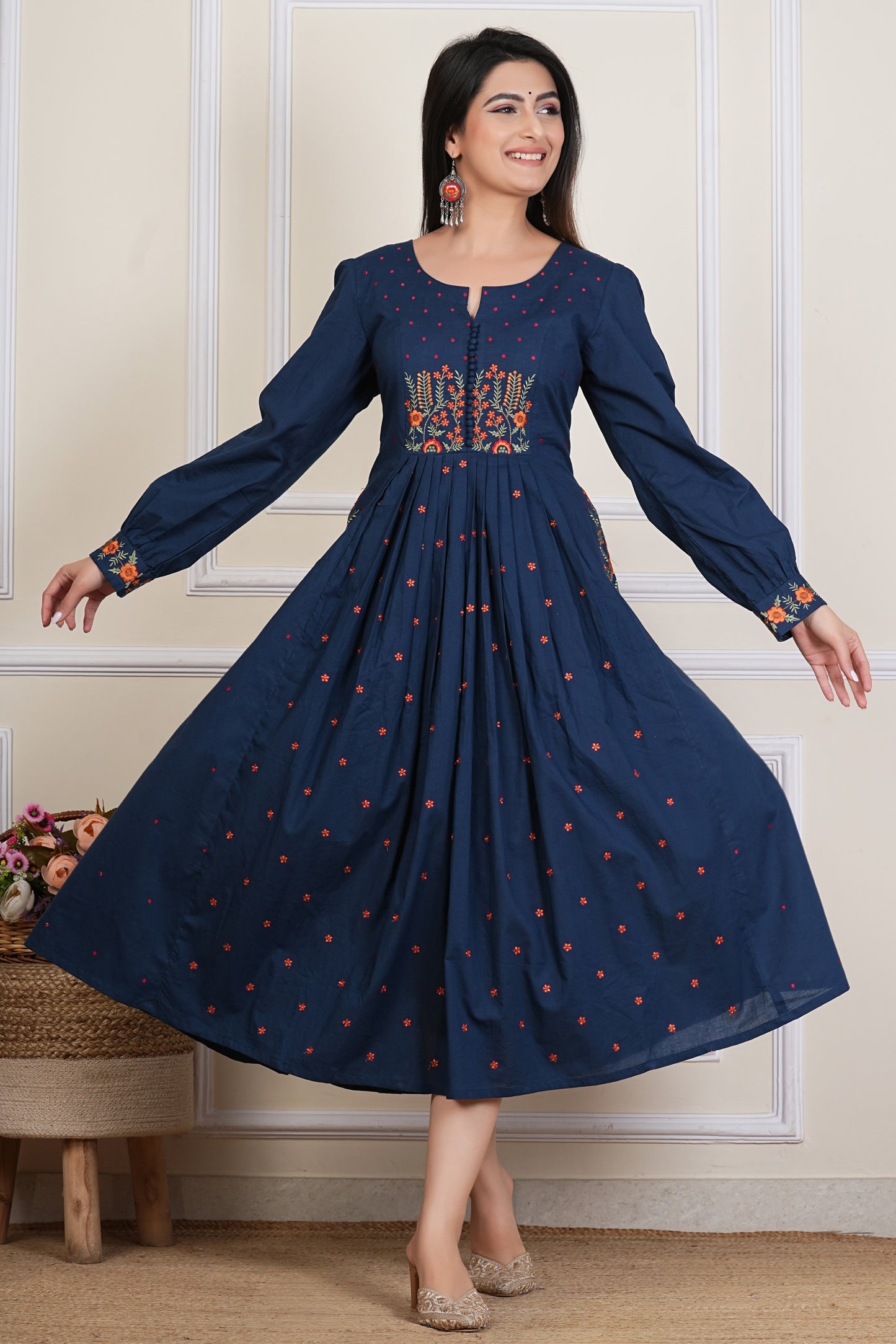 Tavajju | Navy Blue Embroidere Cotton Anarkali Kurta for Women