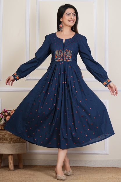 Tavajju | Navy Blue Embroidere Cotton Anarkali Kurta for Women