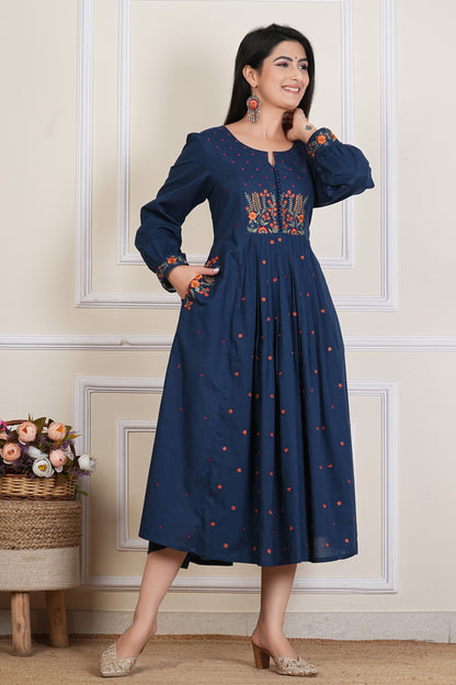 Tavajju | Navy Blue Embroidere Cotton Anarkali Kurta for Women