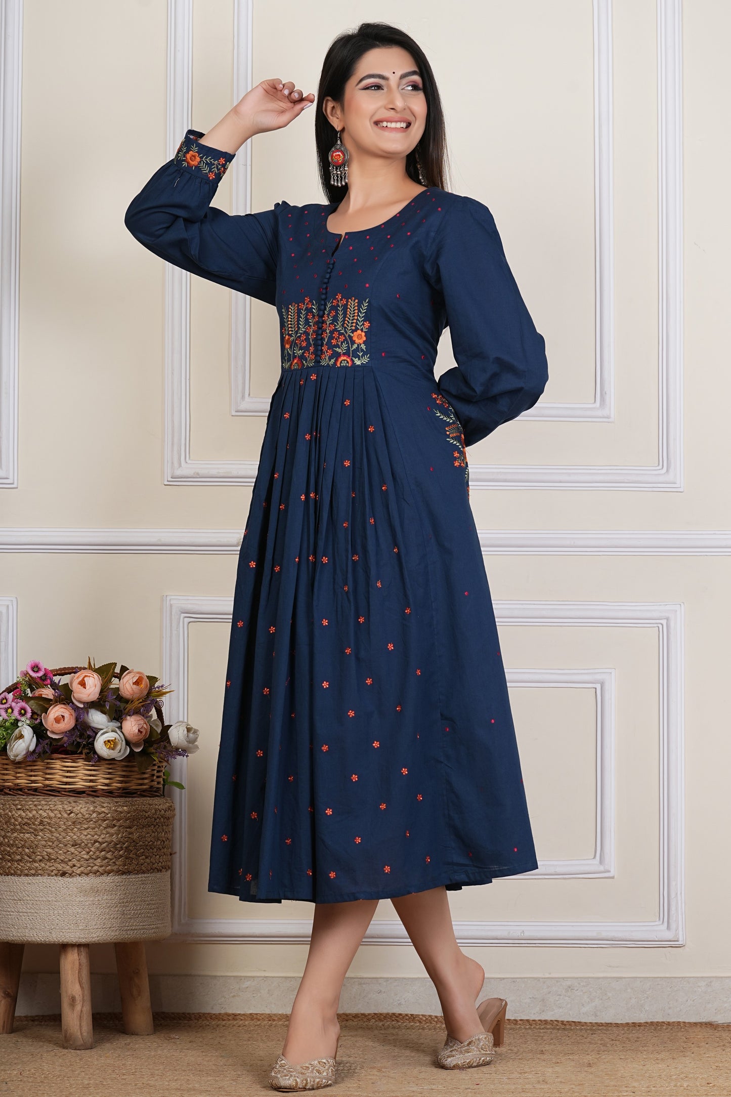 Tavajju | Navy Blue Embroidere Cotton Anarkali Kurta for Women