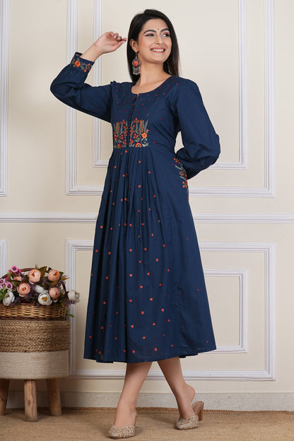 Tavajju | Navy Blue Embroidere Cotton Anarkali Kurta for Women