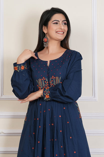 Tavajju | Navy Blue Embroidere Cotton Anarkali Kurta for Women