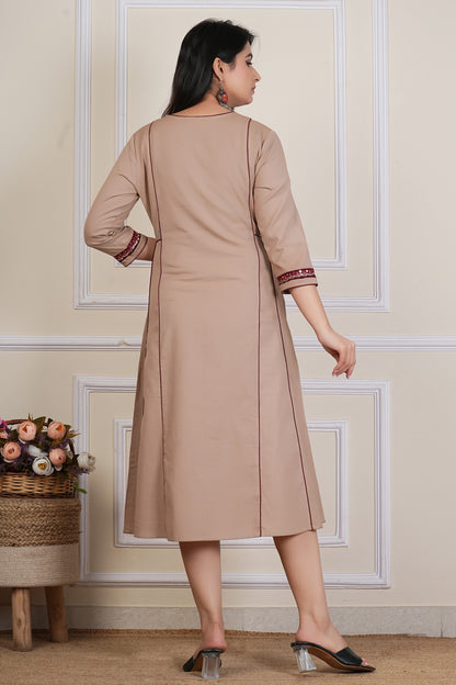 Tavajju | Beige Cotton A-Line Kurta with Minimal Embroidery & Contrast Piping