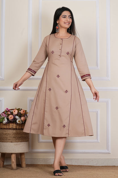 Tavajju | Beige Cotton A-Line Kurta with Minimal Embroidery & Contrast Piping