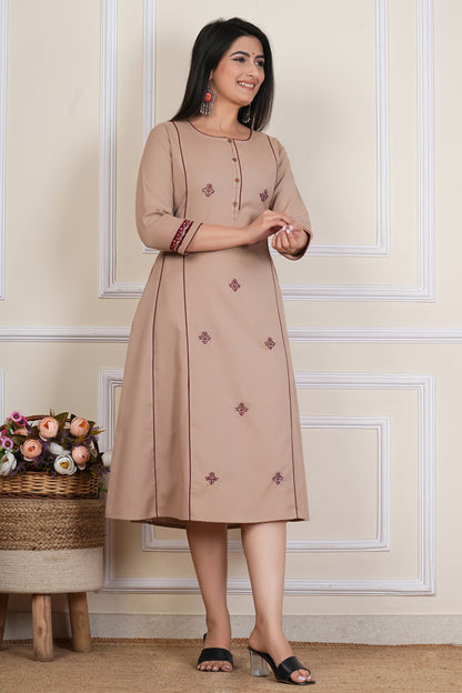 Tavajju | Beige Cotton A-Line Kurta with Minimal Embroidery & Contrast Piping