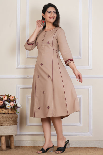 Tavajju | Beige Cotton A-Line Kurta with Minimal Embroidery & Contrast Piping