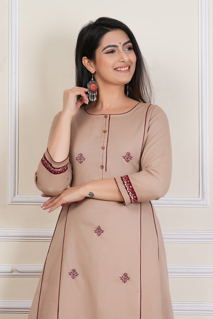 Tavajju | Beige Cotton A-Line Kurta with Minimal Embroidery & Contrast Piping