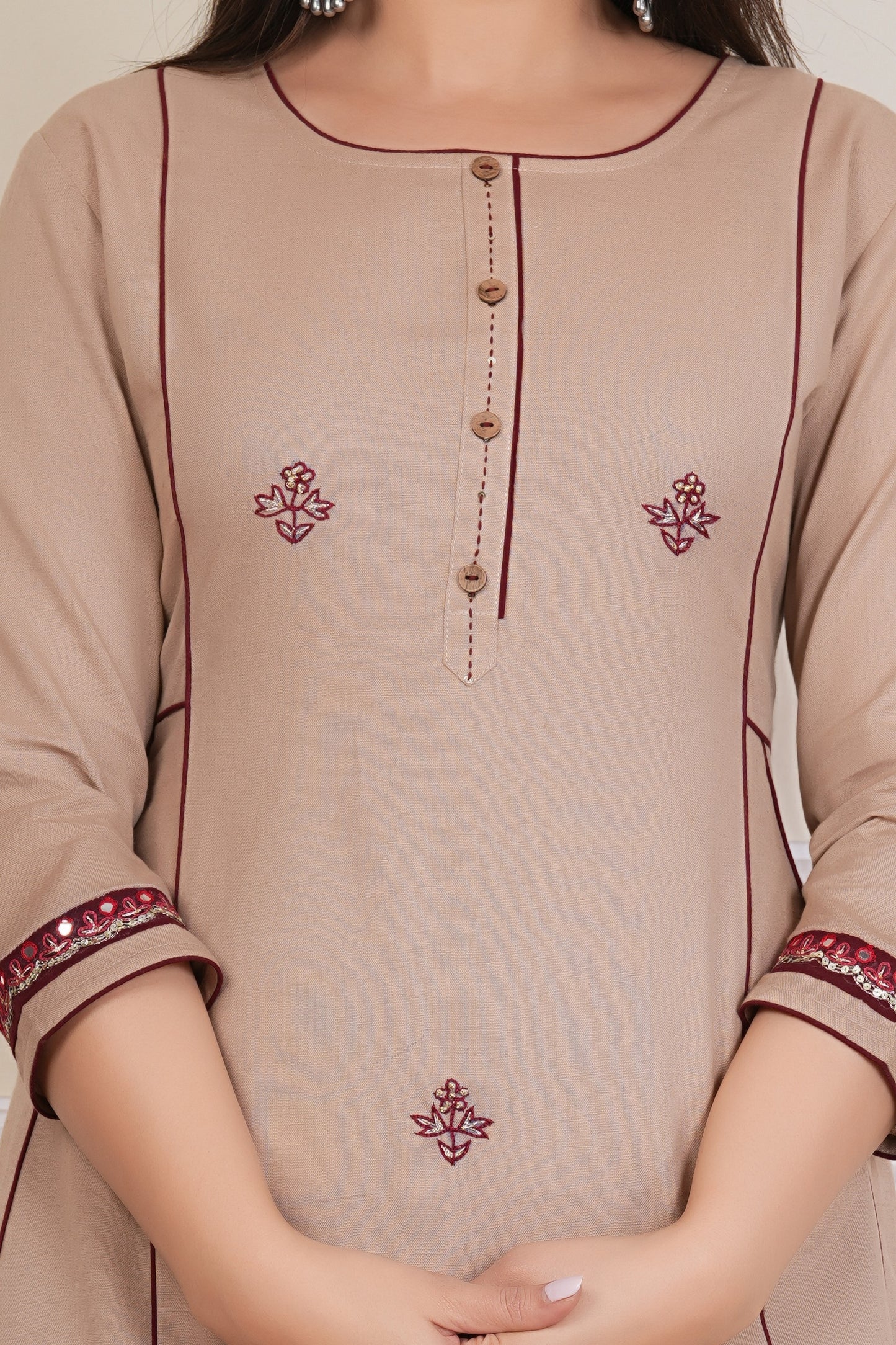 Tavajju | Beige Cotton A-Line Kurta with Minimal Embroidery & Contrast Piping