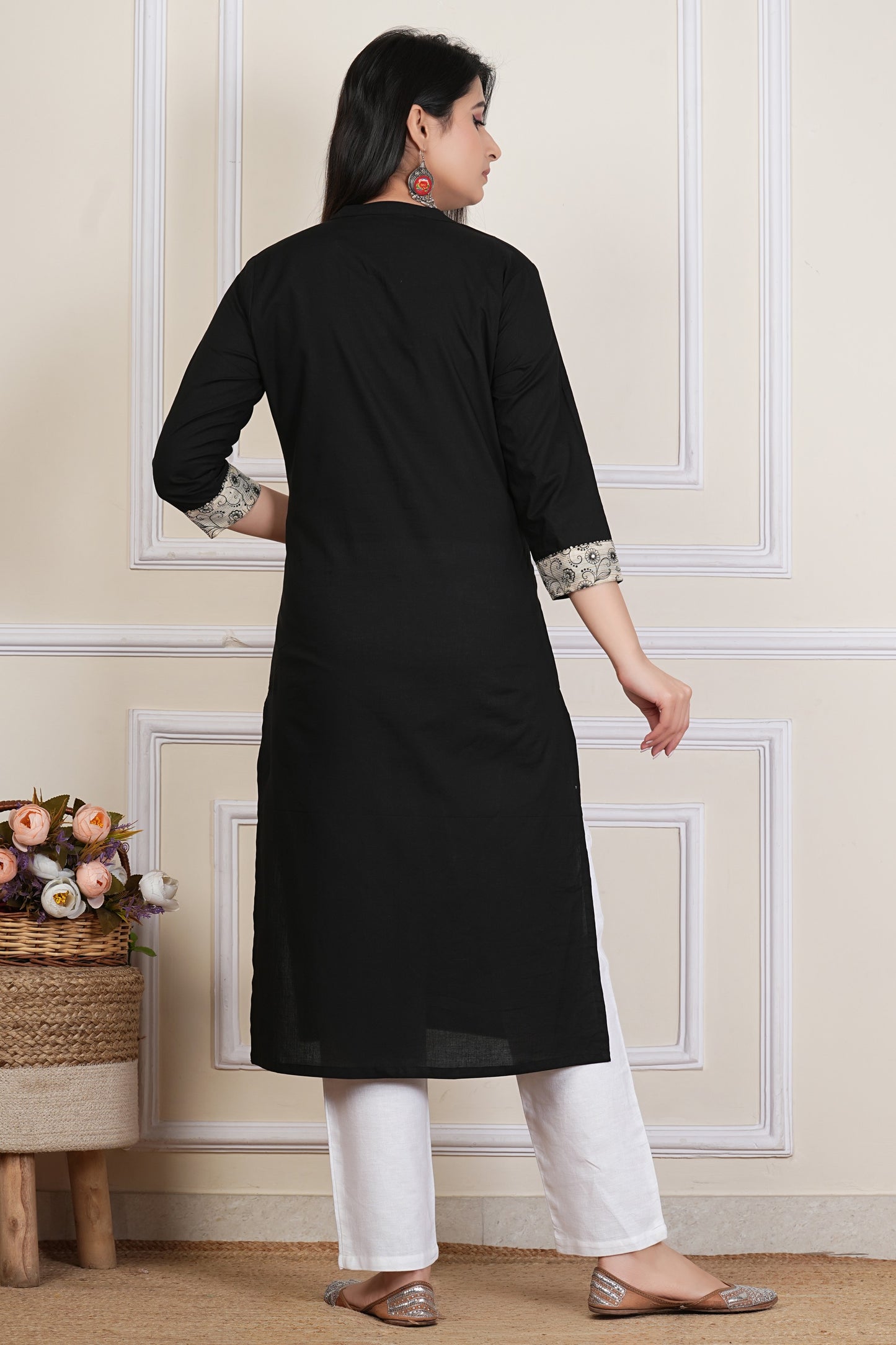 Tavajju | Black Cotton Straight Kurta with Contrast Printed Yoke