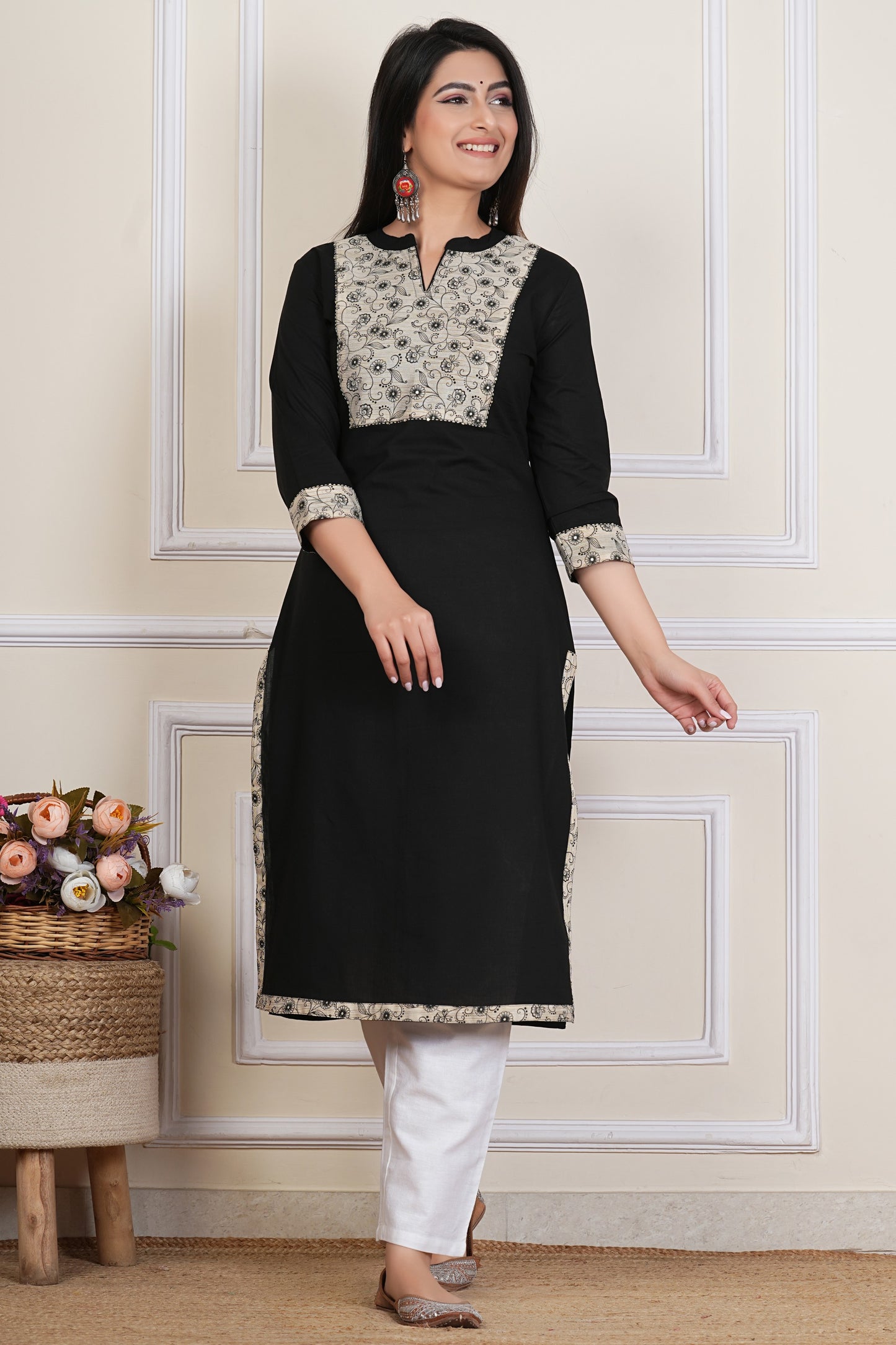 Tavajju | Black Cotton Straight Kurta with Contrast Printed Yoke