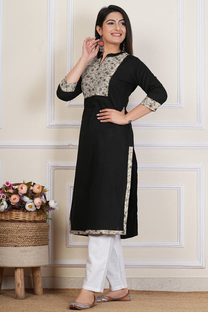 Tavajju | Black Cotton Straight Kurta with Contrast Printed Yoke