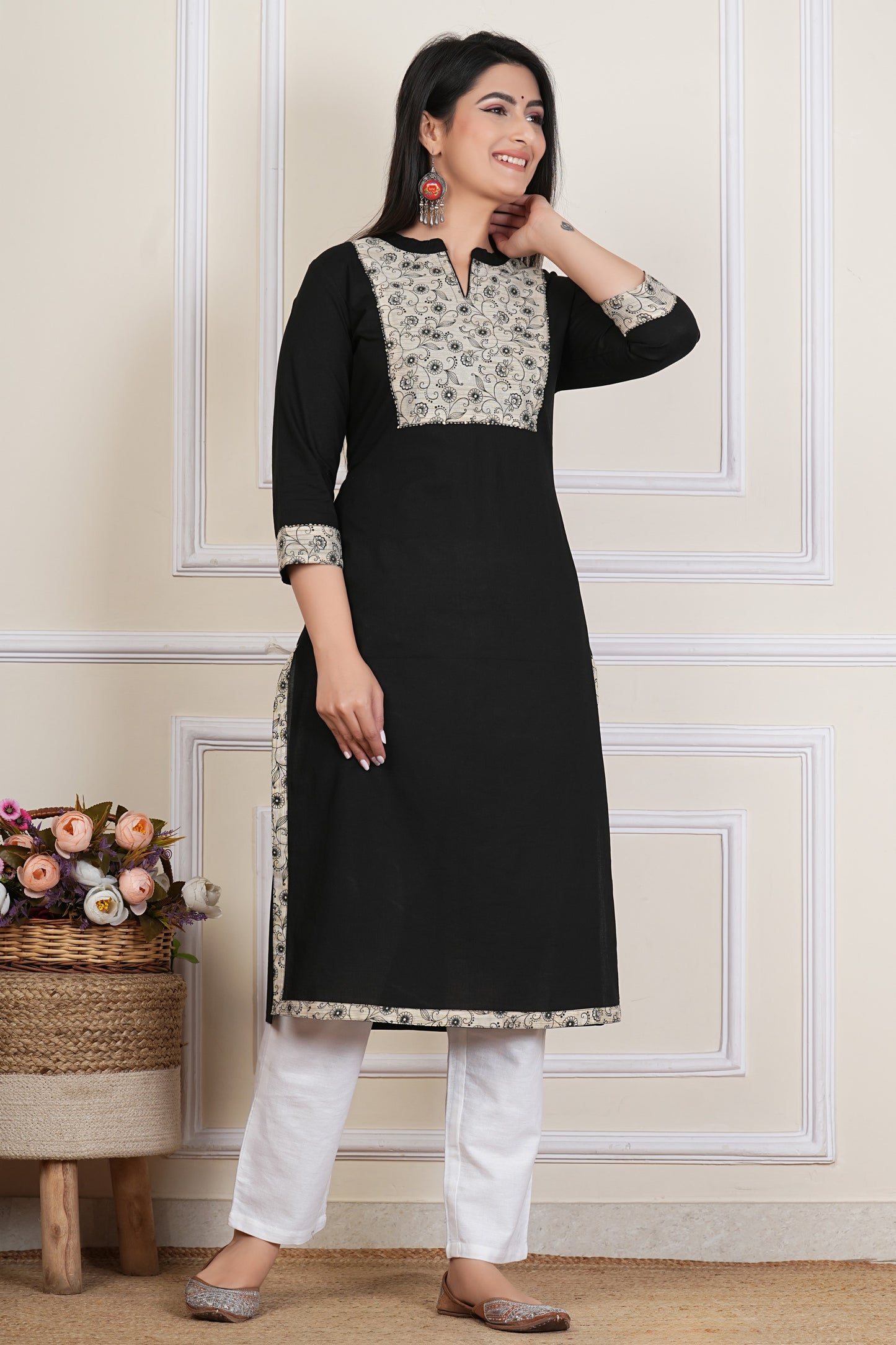 Tavajju | Black Cotton Straight Kurta with Contrast Printed Yoke