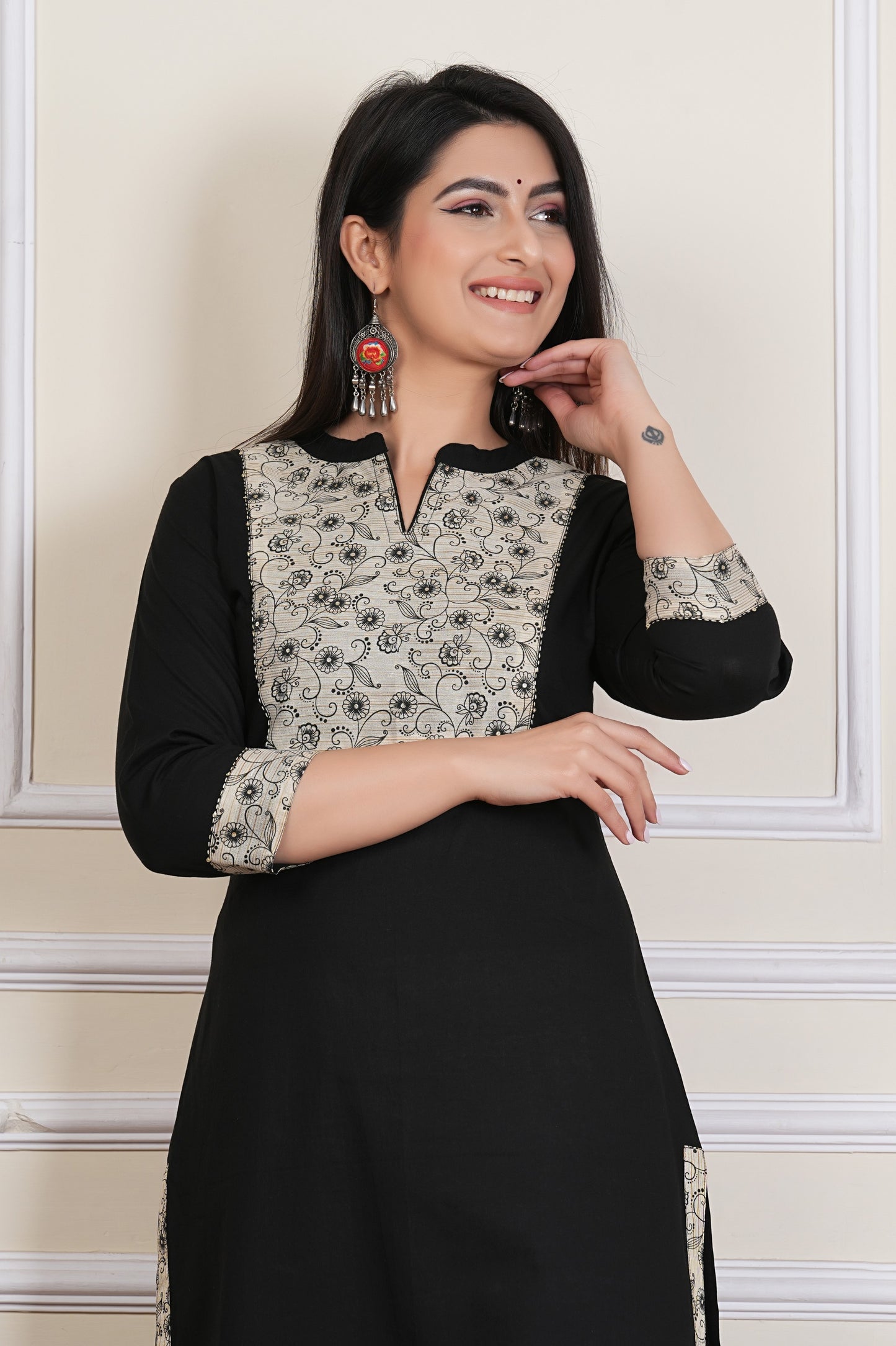 Tavajju | Black Cotton Straight Kurta with Contrast Printed Yoke