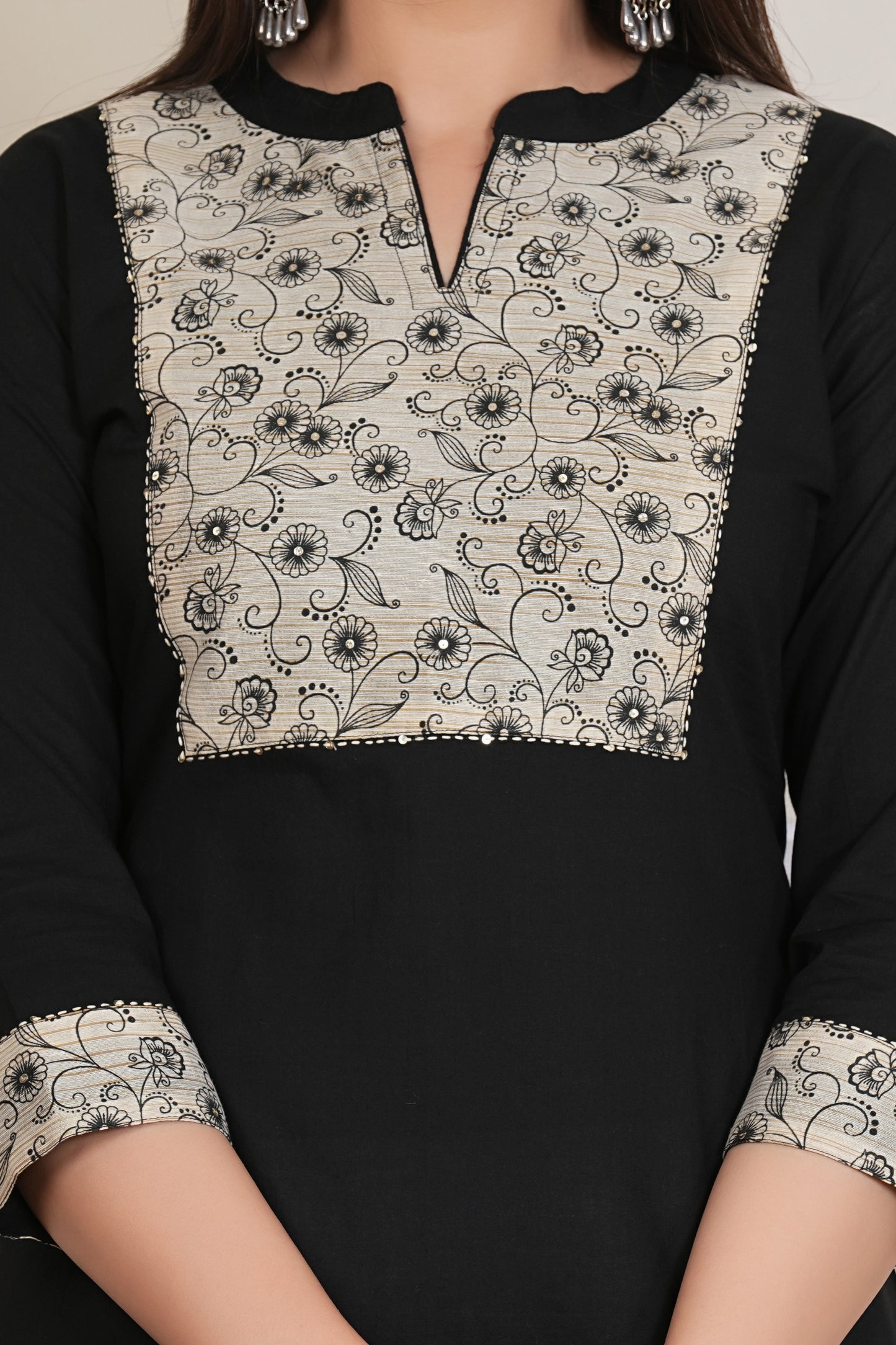 Tavajju | Black Cotton Straight Kurta with Contrast Printed Yoke