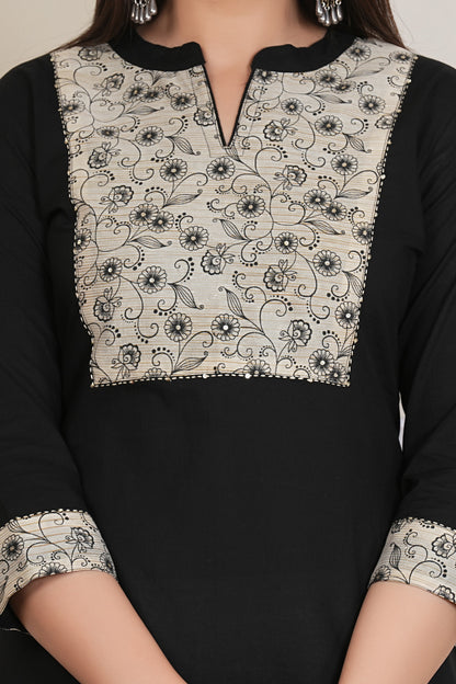 Tavajju | Black Cotton Straight Kurta with Contrast Printed Yoke