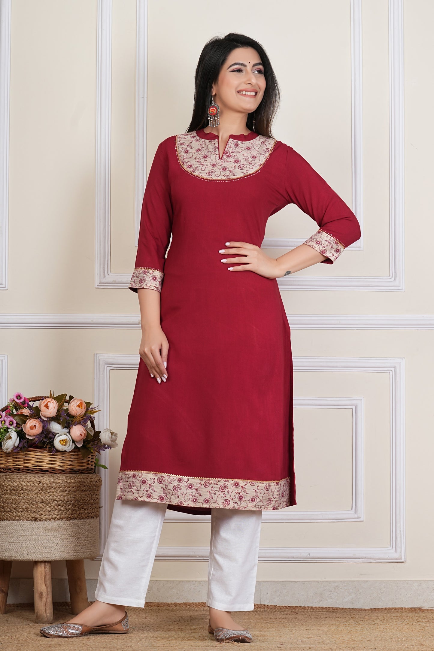 Maroon Straight Kurta with Printed Yoke – Women’s Cotton Ethnic Kurti