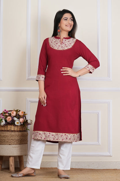 Maroon Straight Kurta with Printed Yoke – Women’s Cotton Ethnic Kurti
