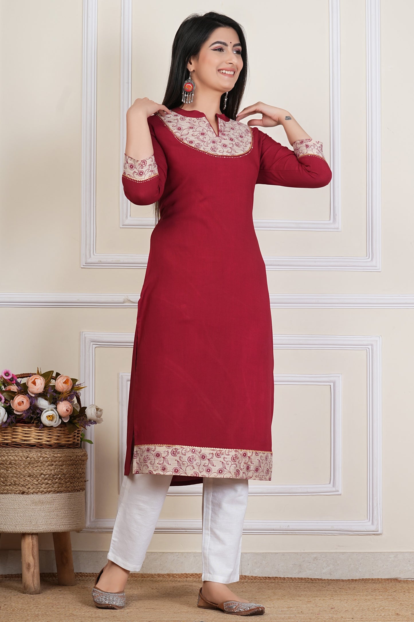 Maroon Straight Kurta with Printed Yoke – Women’s Cotton Ethnic Kurti