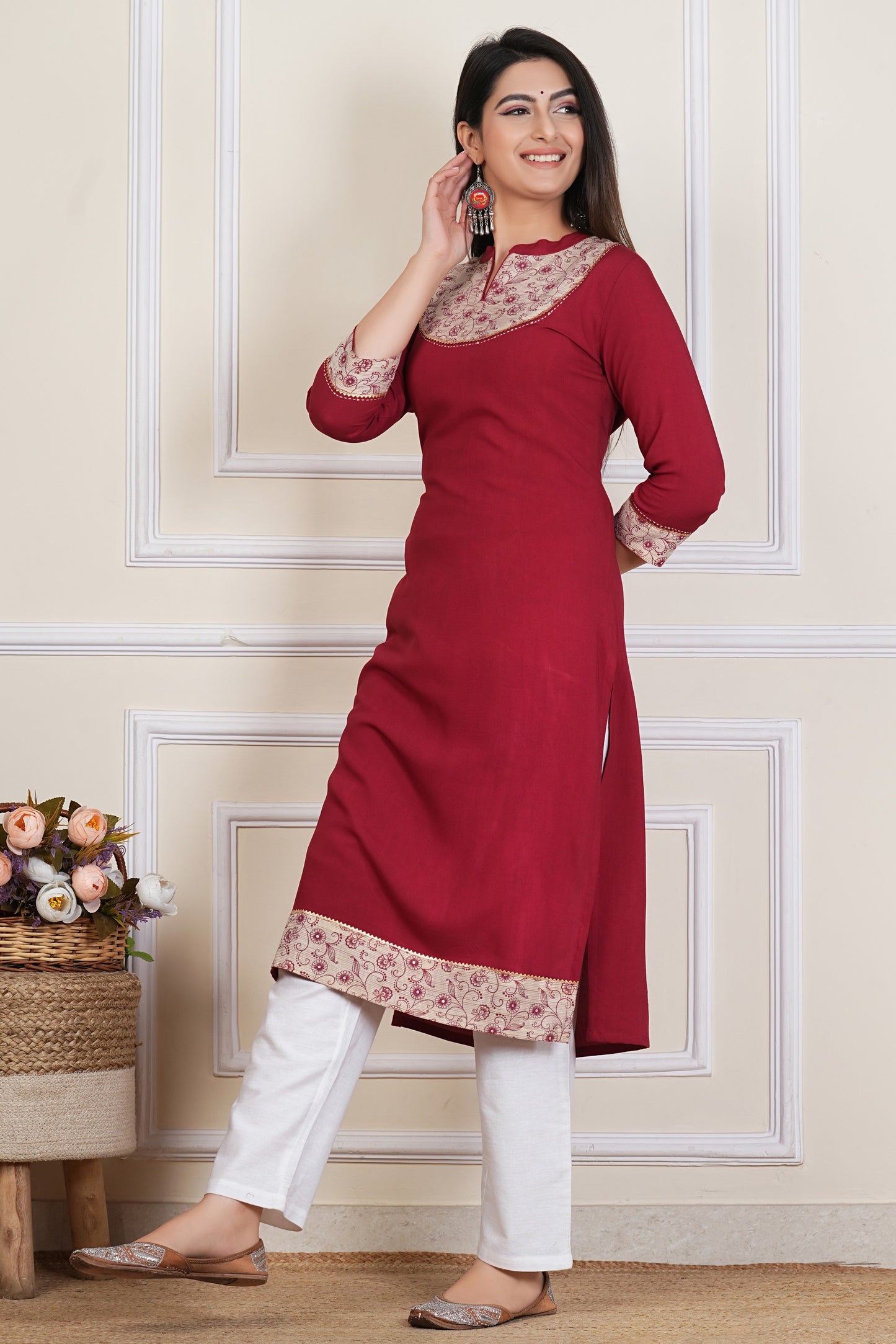 Maroon Straight Kurta with Printed Yoke – Women’s Cotton Ethnic Kurti