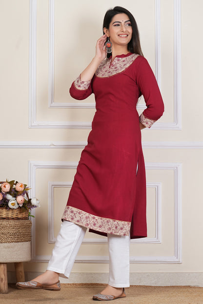 Maroon Straight Kurta with Printed Yoke – Women’s Cotton Ethnic Kurti