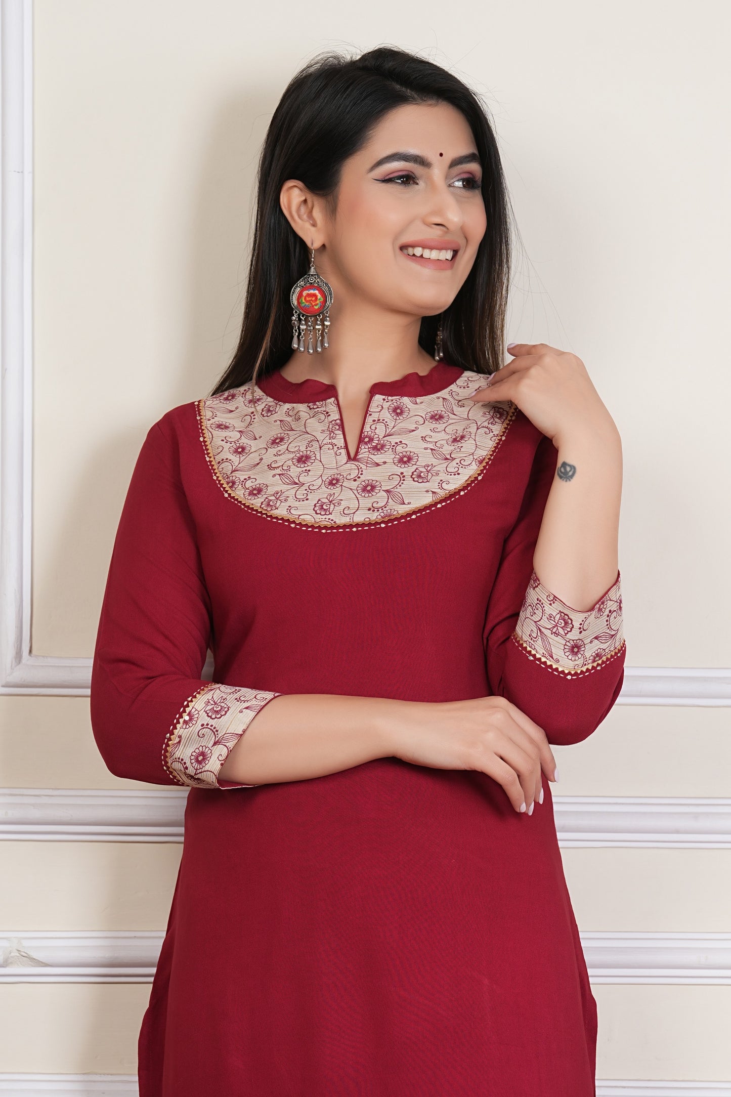 Maroon Straight Kurta with Printed Yoke – Women’s Cotton Ethnic Kurti