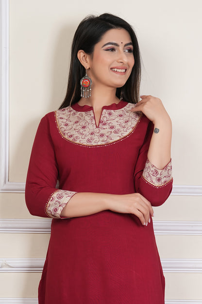Maroon Straight Kurta with Printed Yoke – Women’s Cotton Ethnic Kurti