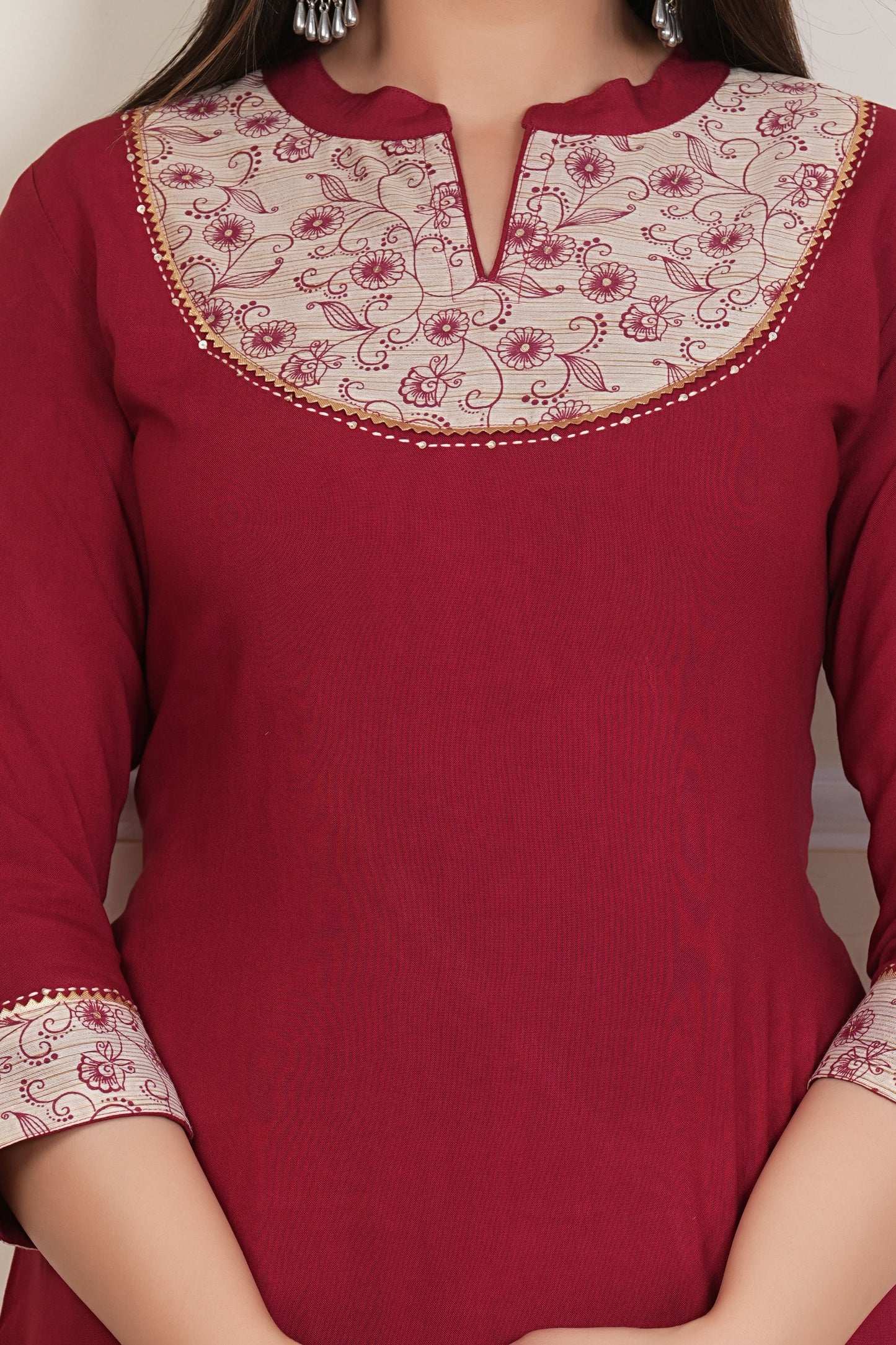Maroon Straight Kurta with Printed Yoke – Women’s Cotton Ethnic Kurti