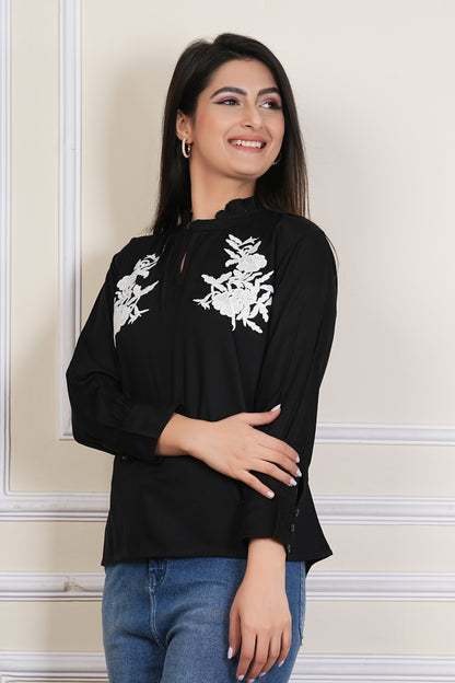 Black Rayon Embroidere Top with Mandarin Neck – Women’s Casual Ethnic Wear