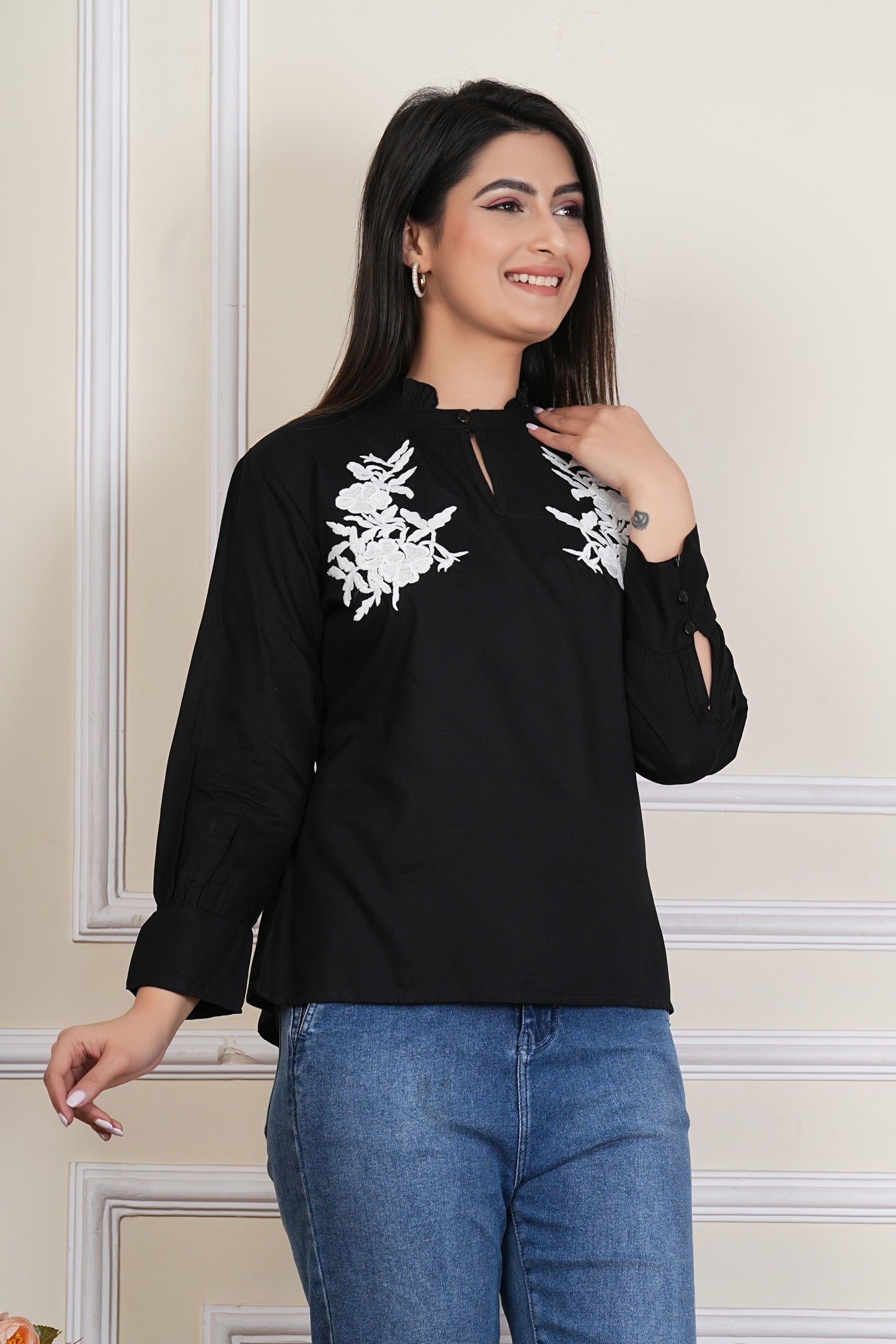 Black Rayon Embroidere Top with Mandarin Neck – Women’s Casual Ethnic Wear