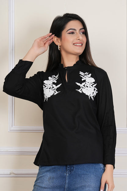 Black Rayon Embroidere Top with Mandarin Neck – Women’s Casual Ethnic Wear