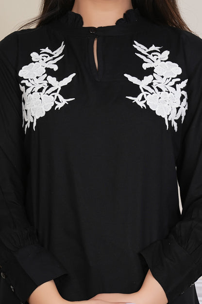 Black Rayon Embroidere Top with Mandarin Neck – Women’s Casual Ethnic Wear