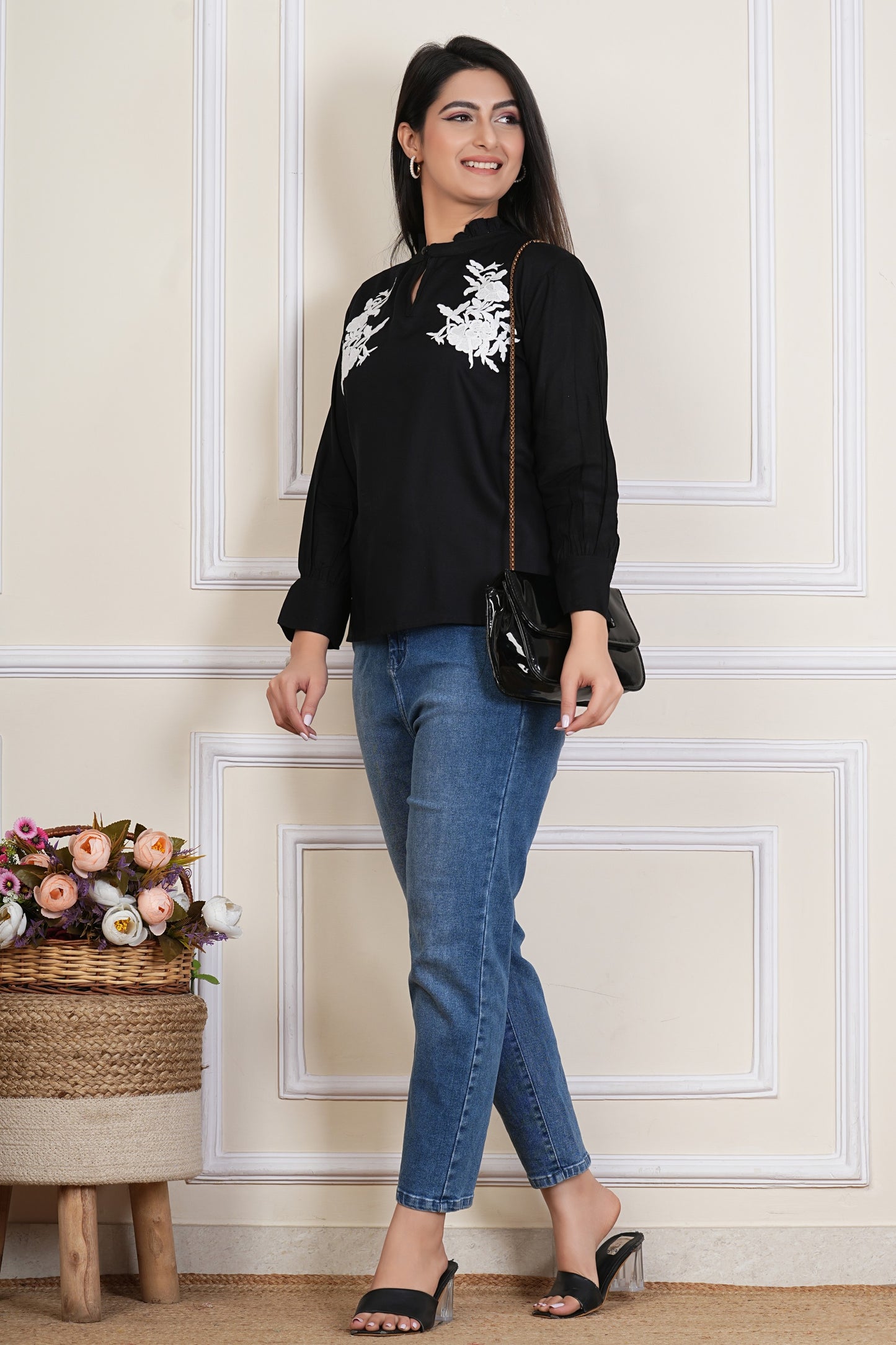 Black Rayon Embroidere Top with Mandarin Neck – Women’s Casual Ethnic Wear