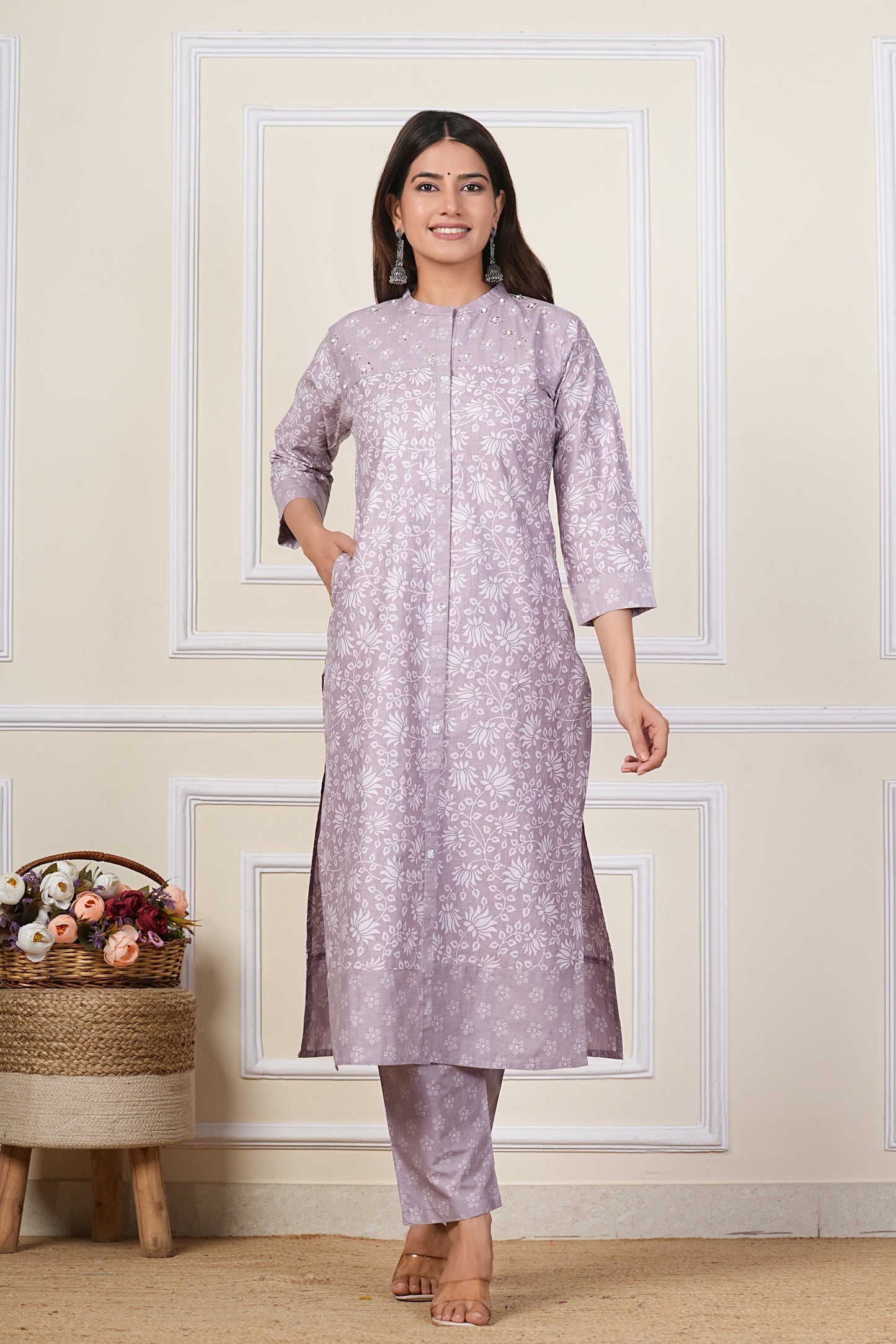 Lavender Floral Printed Cotton Kurta Set with Chiffon Dupatta