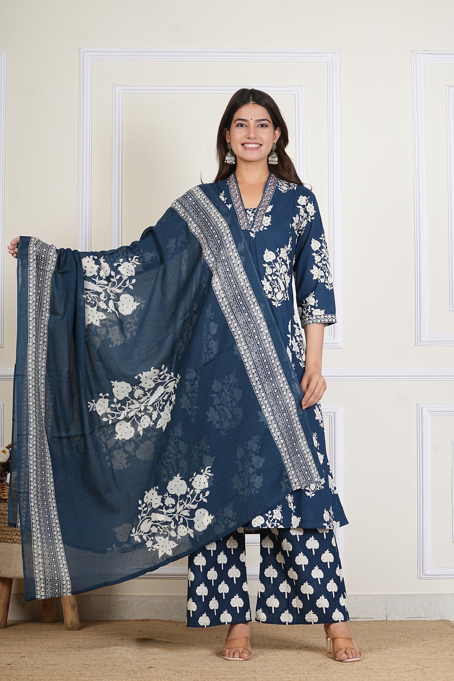 Navy Blue Floral Printed Cotton Kurta Set with Dupatta