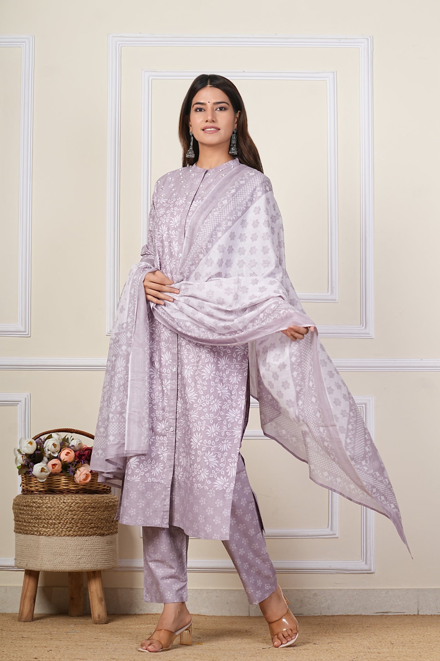 Lavender Floral Printed Cotton Kurta Set with Chiffon Dupatta