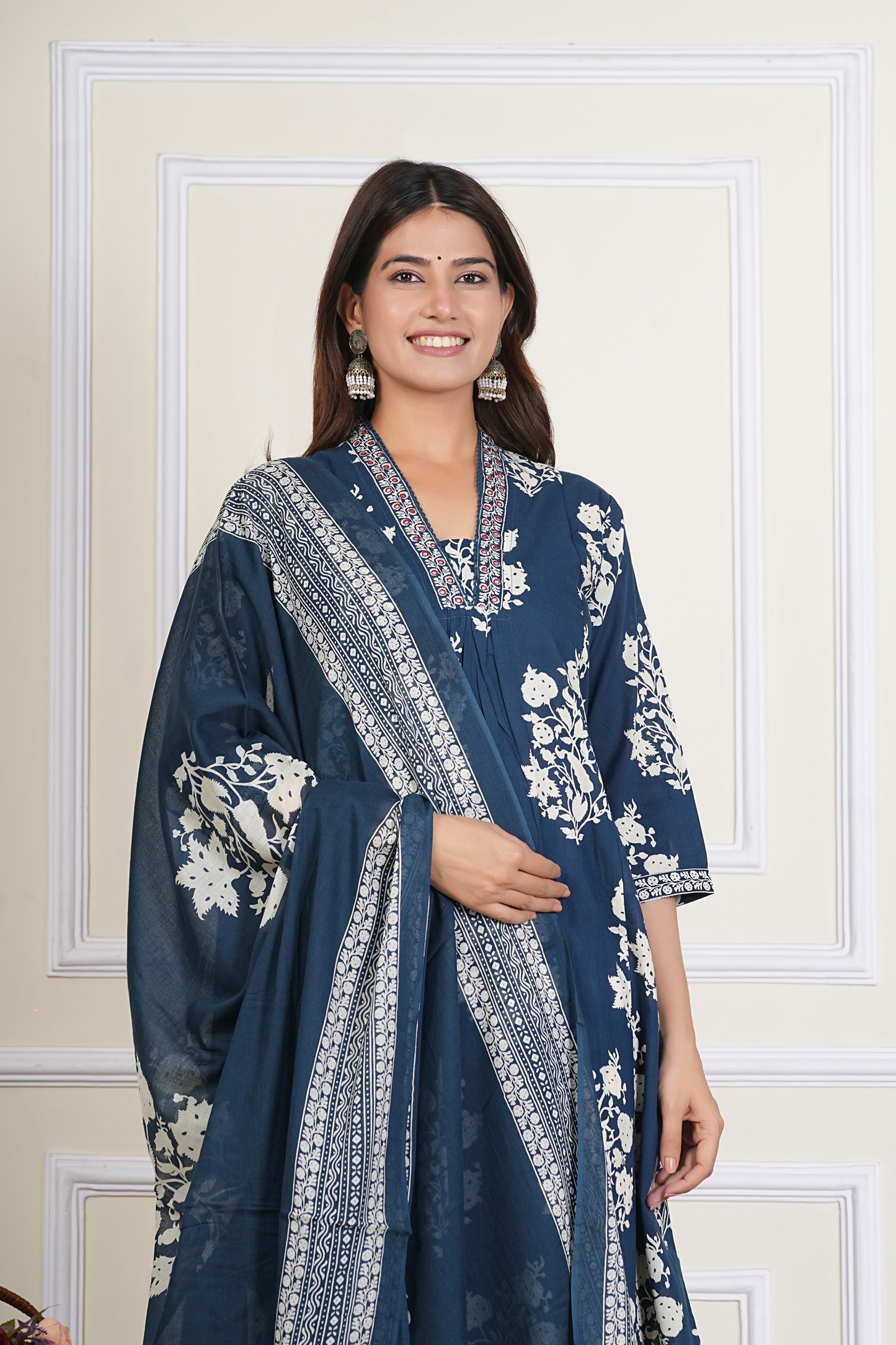 Navy Blue Floral Printed Cotton Kurta Set with Dupatta