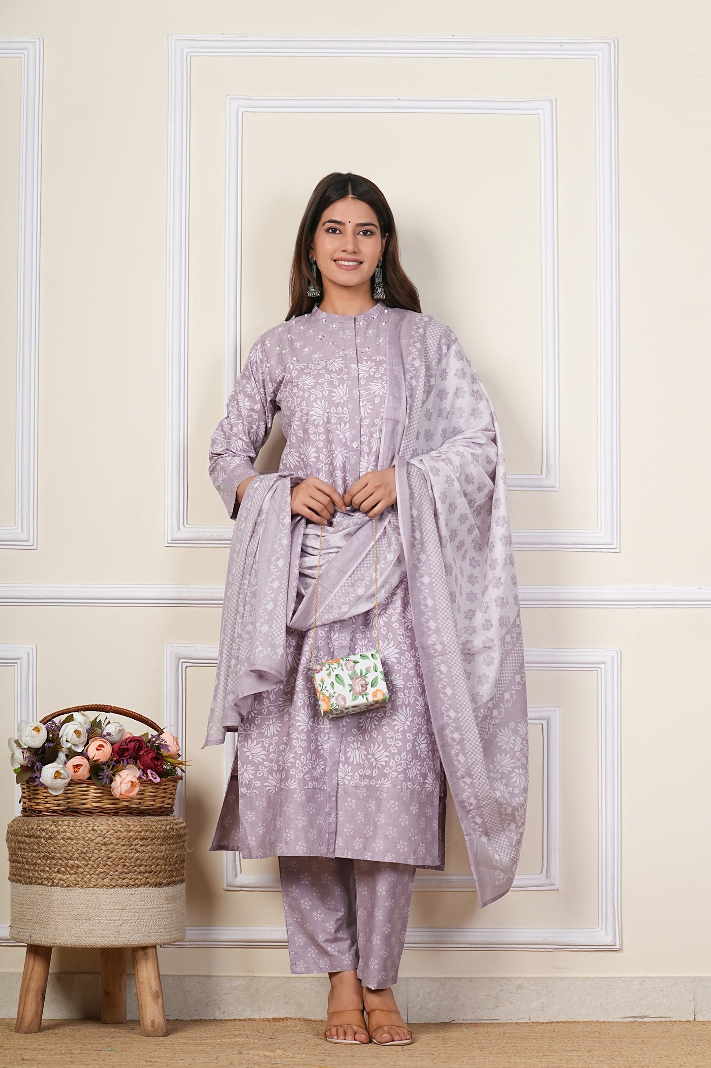 Lavender Floral Printed Cotton Kurta Set with Chiffon Dupatta