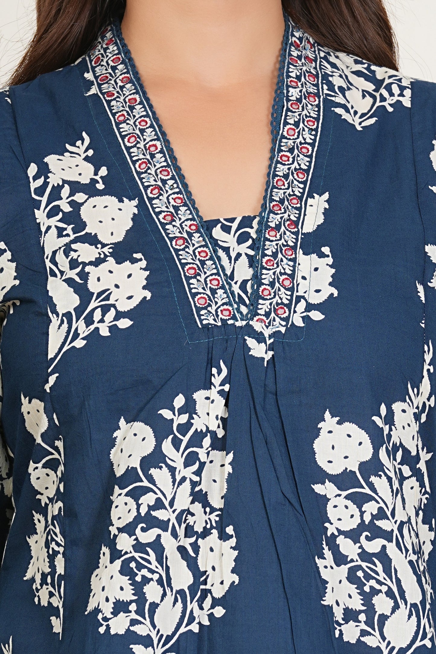Navy Blue Floral Printed Cotton Kurta Set with Dupatta