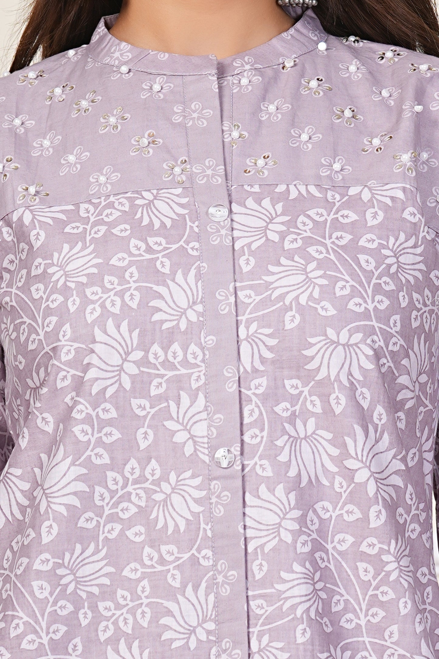 Lavender Floral Printed Cotton Kurta Set with Chiffon Dupatta