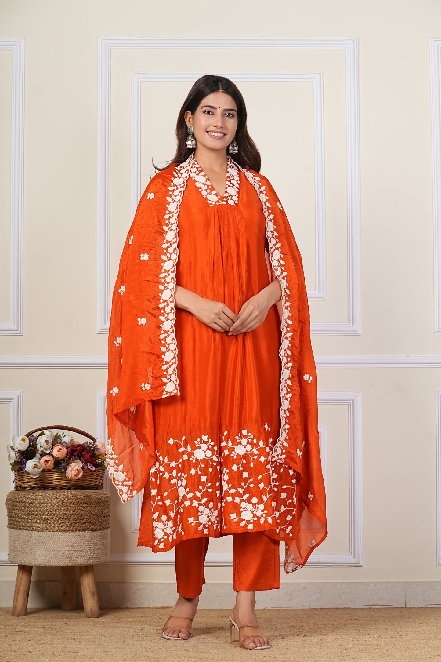 Red Floral Embroidered Silk Kurta Pant Set for Women